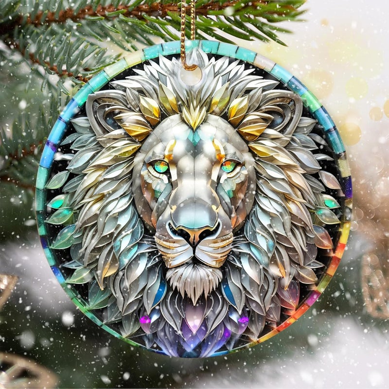 Touber Stained Ceramic Lion Ornament - Lion Christmas Ornaments - Christmas Tree Ornaments - Christmas Decorations - Lion Decor for Office, Room, Home - Holiday Present Ideas - Image 1